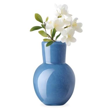 Imagem de Torre & Tagus Vaso de vidro soprado com boca de 15 cm para flores - Vaso de mesa pequeno azul opaco e pequeno detalhe azul feito à mão para decoração de casa costeira, vasos de botão neutro como