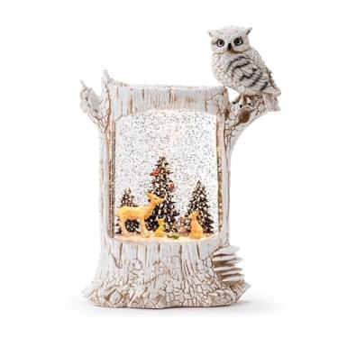 Imagem de Napco Imports Napco Snow Owl - Design de Toco de Árvore com Animais da Floresta - Globo de Neve com Glitter E Luz de Led de Resina Branca de 10 X 7,5 Polegadas