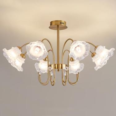 Imagem de Lustre de flores douradas para quarto, luminária pendente de vidro leitoso, luminária de teto moderna de meados do século, lustre floral semi-embutido para quarto de meninas, sala de estar,