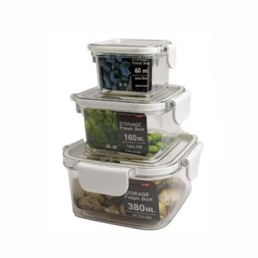 Imagem de Kit 3 Potes Herméticos Quadrados com Tampa e Trava – Potes Plásticos Atóxicos Empilháveis para Conservação de Alimentos – Livre de BPA, Transparente, 60ml / 160ml / 380ml
