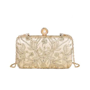 Imagem de Inkfew Bolsa clutch feminina formal elegante bolsa clutch plissada brilhante com corrente para festa de casamento, Contas douradas
