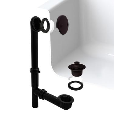 Imagem de Westbrass A594144-12 Conjunto tubular preto de 35,5 cm para resíduos de banho e transbordamento com plugue de drenagem de torção e fechamento e placa frontal de dois furos, bronze polido a óleo