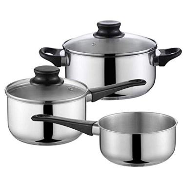 Imagem de Conjunto de panelas e frigideiras de aço inoxidável de 3 peças, panela, caçarola, panela de leite, frigideiras com tampa de vidro, cabo resistente e confortável, adequado para várias fontes de calor