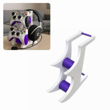 Imagem de Suporte para 2 Controles e Headset Gamer, Design Moderno, Base de Mesa, 21 cm de Altura, Compatível com PS4, PS5, Xbox, Switch Pro (brancoroxo)
