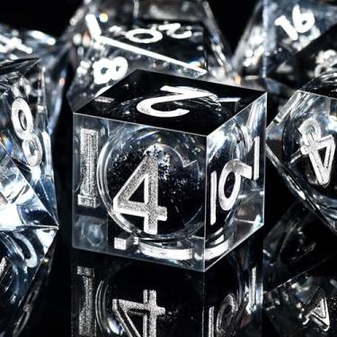 Imagem de AUSTOR Liquid Core DND Dice Set, 7-Die Sharp Edge Polyhedral Dice Quicksand Handmade Resin Dices for Dungeons and Dragons RPG MTG Table Games, Black & Black, Silver