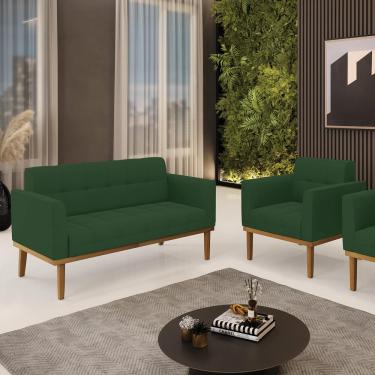 Imagem de Conjunto Poltrona e Namoradeira Decorativas Karen Pés Fixo em Madeira Castanho Veludo Verde Esmeralda G19 - Gran Belo