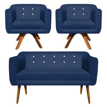Imagem de Kit 01 Namoradeira 02 Lugares e 02 Poltronas Giratória Julia Suede Azul Marinho com Strass Base Madeira MM30 D'Rossi