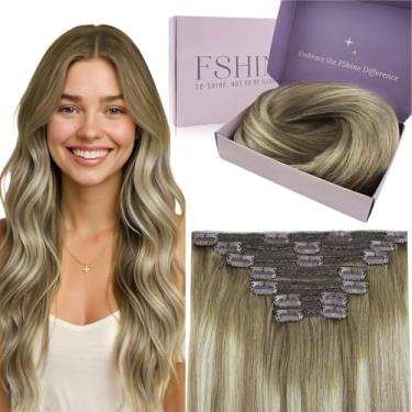 Imagem de Fshine Clipe em Extensões de Cabelo Humano 20 Polegada 150g Extensões Castanho Escuro para Castanho Claro e Loiro Claro Extensões de Cabelo Clipe em7Pcs BalyageClip em Extensões para Mulheres