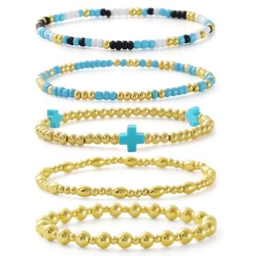 Imagem de Z ZACHÉ Pulseiras de prata douradas para mulheres, pulseiras empilháveis com contas banhadas a ouro 14 K, joias elásticas ajustáveis, Medium, Latão, Sem Pedra Preciosa