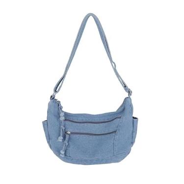 Imagem de Bolsa de ombro feminina jeans, bolsa transversal de lona, bolsa casual, azul claro