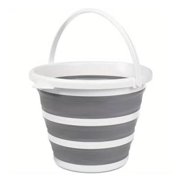 Imagem de Balde Retrátil Dobrável de Silicone 5 Litros Cinza e Branco Portátil para Limpeza Alça Resistente Multiuso