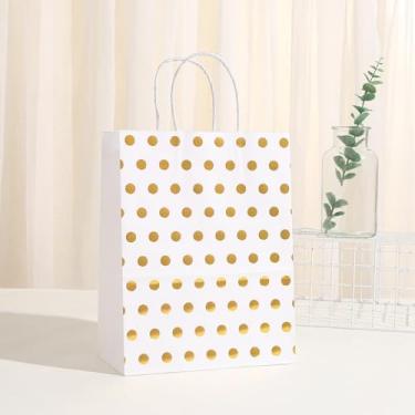 Imagem de 10 peças de sacos de presente de folha dourada com alças - sacos pequenos brancos de 15 x 11 x 6 cm | Perfeito para Natal, aniversários e casamentos | Suportes ideais para lembrancinhas de festa