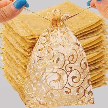 Imagem de 10 peças de sacolas de presente de organza de Natal, casamento, festa de Natal, cordão, joias, joias, sacos de embalagem transparentes com estampa dourada (10 peças - 9 x 12 cm)