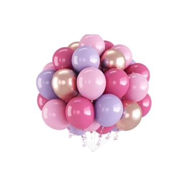 Imagem de Pacote com 30 balões de látex fúcsia, rosa blush, roxo de 30 cm com fitas para aniversário, casamento, chá de bebê, formatura, noivado, revelação de gênero, aniversário, Natal, decorações de festas de