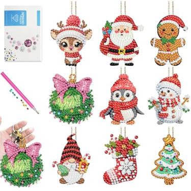 Imagem de Ammklfh Pacote com 9 chaveiros de arte de diamante de Natal para adultos, chaveiros de pintura de diamante dupla face para crianças iniciantes, brocas completas redondas, joias artísticas, artesanato