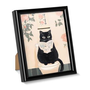 Imagem de Pôster de arte de parede de gato engraçado gato japonês no vaso sanitário para mesa, pintura emoldurada floral para decoração de prateleira de parede de banheiro doméstico 15 x 20 cm