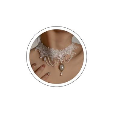 Imagem de Andelaisi Colar gargantilha de renda gótica, colar de borla de renda branca, colar vintage com pingente de gota de água branca, joia para mulheres e meninas, Gema