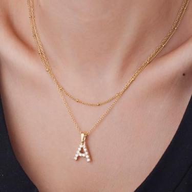 Imagem de Colar de letras em camadas douradas com pingente de pérola, colar com inicial personalizada em aço inoxidável, F, Aço inoxidável, Sem Pedra Preciosa