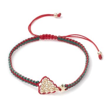 Imagem de 5 peças pulseiras de contas trançadas de nylon ajustáveis de Natal pulseiras de latão para mulheres joias presente de ano novo, vermelho, verde, diâmetro interno: 2-1/4~3-1/20.3 cm (5,7~8 cm)