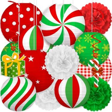 Imagem de Renbuzhu Conjunto de 15 peças de enfeites de decoração de Natal – 9 lanternas de papel verdes vermelhas e brancas, 4 pompons, 2 redemoinhos para pendurar, casa, festa de Natal, decoração de varanda