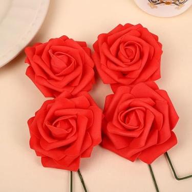 Imagem de Conjunto de 5 peças de flores de rosas artificiais, flores falsas borgonha de espuma para buquês de casamento faça-você-mesmo para decoração de mesa de festa (vermelho)