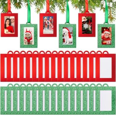 Imagem de Fullhawl 100 porta-retratos para pendurar árvore de Natal pequena, enfeites de 5 x 7 cm, moldura de papel com glitter, com fita, para decoração de mesa de parede de família (vermelho, verde)