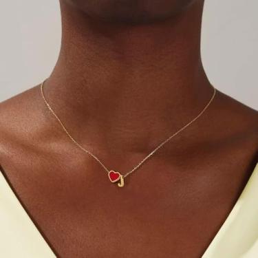 Imagem de Colar feminino com inicial de coração, pingente de letra A a Z, pingente de coração vermelho, joia banhada a ouro, colar de presente personalizado, 18+2in, Aço inoxidável, Sem Pedra Preciosa