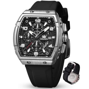 Imagem de OLEVS Relógios masculinos luxuosos, vestidos de rosto grande, pulseira de silicone, à prova d'água, cronógrafo, analógico, quartzo, casual, relógio de pulso masculino (pulseira preta/vermelha/branca