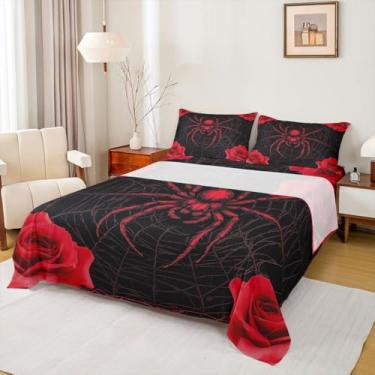 Imagem de Jogo de lençol solteiro, teia de aranha, flor vermelha, tema animal aracnídeo, gótico, dia das bruxas, 3 peças com bolso profundo + 1 fronha, decoração de quarto de crianças, meninos, meninas e