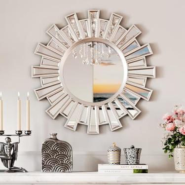 Imagem de PERHOM Espelho de parede redondo moderno - 59,9 cm x 59,9 cm Espelho decorativo de metal prateado - Espelhos em forma de Boho para pendurar na parede, para entrada, sala de estar, banheiro, lareira