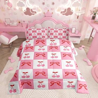 Imagem de Feelyou Conjunto de edredom solteiro com laço alegre rosa cereja para meninos e meninas, adolescentes, conjunto de edredom estilo princesa sonhadora, conjunto de edredom rosa médio