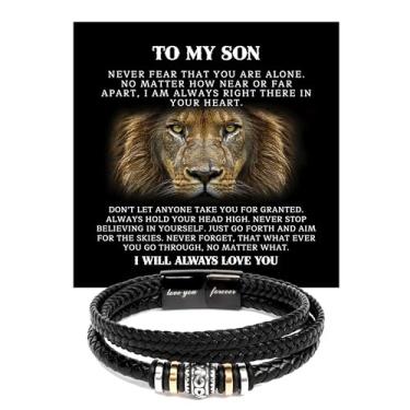 Imagem de Pulseira To My Son, presente para aniversário do meu filho com cartão de mensagem e caixa de presente., To My Son Bracelet, Couro, Sem Pedra Preciosa