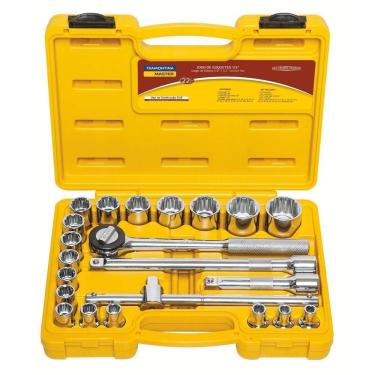 Imagem de Jogo De Soquetes Estriados Encaixe 1/2" Em Aço Cromo Vanádio Com Acabamento Cromado E Mal