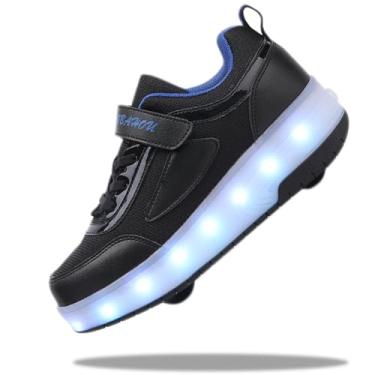 Imagem de Yogeeft Tênis infantil com roda para presentes – Tênis retrátil de LED 2 rodas para crianças, para presentes de Natal e aniversário, Preto, azul, 21