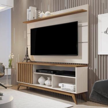 Imagem de Rack com Painel para Tv 60 Polegadas Pés Madeira Maciça Ripado Wood Retrô Malbec Off White / Freijó