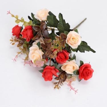 Imagem de Flores artificiais - flor de seda com hastes rosas vermelhas arranjos florais falsos para casa de banho escritório mesa central prateleira decoração de casamentos