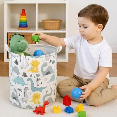 Imagem de Cesto Organizador Infantil com Estampa de Dinossauros, 60L, Impermeável, Dobrável, Redondo, 40x50cm, para Brinquedos e Roupas, em Poliéster e Algodão (Dinossauro Fundo Claro)
