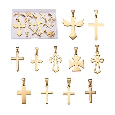 Imagem de Mega Pet 11 pingentes de cruz de aço inoxidável 304 pingentes de cruz dourada com laço religioso pingente de cruz para pulseira faça você mesmo, colar, brinco, joias, artesanato