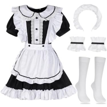 Imagem de Vestido de empregada cosplay anime fofo, conjunto de avental de empregada francesa, vestido Lolita chique com círculos de braço branco, meias para cabeça