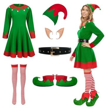 Imagem de PWQMGY Fantasia de elfos para mulheres, fantasias de Natal femininas com chapéu, orelhas, cinto e meias, Verde, M