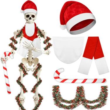 Imagem de DECYOOL Conjunto de acessórios de fantasia de esqueleto de Papai Noel de 3,6 m, chapéu de Papai Noel, cachecol, guirlandas de tinsel de barba e bengala doce inflável para decoração de festivais