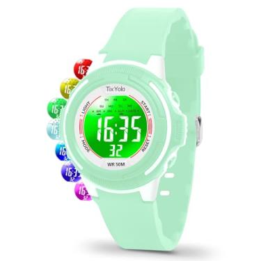 Imagem de TixYolo Relógio digital infantil com 7 luzes coloridas à prova d'água, alarme, cronômetro, pulseira macia, presente para crianças, relógio esportivo para meninos e meninas de 5 a 12 anos, Verde