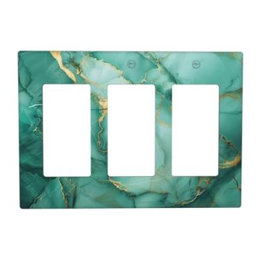 Imagem de DWBGUO Capas decorativas com textura de mármore verde turquesa dourado com design de 3 gangs, placa de parede triplo basculante para interruptor de luz para decoração de banheiro e cozinha