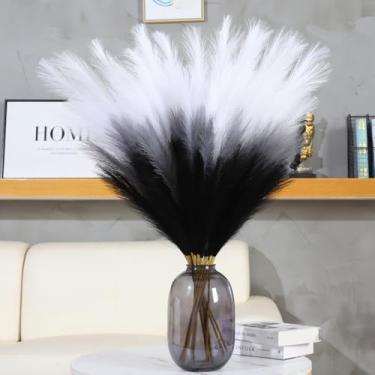 Imagem de Ureymx 9 peças de grama falsa de pampas para decoração de grama pampa artificial grande para encher vasos de chão, pomposo, boho, casa, casamento, fazenda, arranjo de flores (preto, branco, cinza)