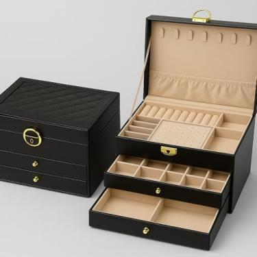 Imagem de Porta Joias de Couro PU com 3 Gavetas Fechadura com Chave de Segurança 2 Camadas Forro Aveludado 23x17x12,8cm Espaços Adicionais para Brincos de Pressão Design Elegante Espaçoso e Versátil (Preto)