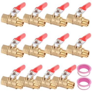Imagem de Conjunto de 12 mini válvulas esféricas de 1/10.2 cm, válvulas de fechamento de latão com alça vermelha, inclui fita de vedação de rosca para controle de fluxo de ar, gás e água