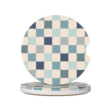 Imagem de Porta-copos de carro quadriculados estéticos para porta-copos, 2 porta-copos de carro para carro, porta-copos de carro absorvente de cerâmica com entalhe de dedo e base de cortiça, acessórios de