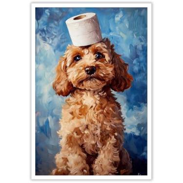Imagem de Teddy Dog com papel higiênico na cabeça, pôsteres engraçados, humorísticos, tela de animal, arte de parede, abstrata, para amantes de cães, pintura para banheiro, casa, quarto, dormitório, decoração