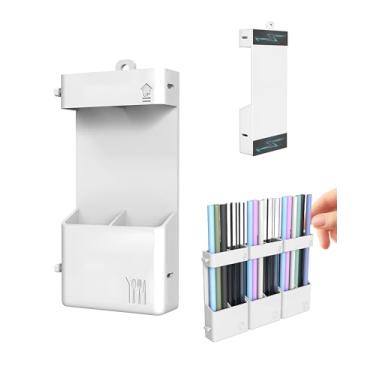 Imagem de Suporte magnético de canudo para porta de armário, organizador de canudo de silicone, recipiente de armazenamento de canudos com adesivo de dupla face, dispensador de canudo reutilizável para armário