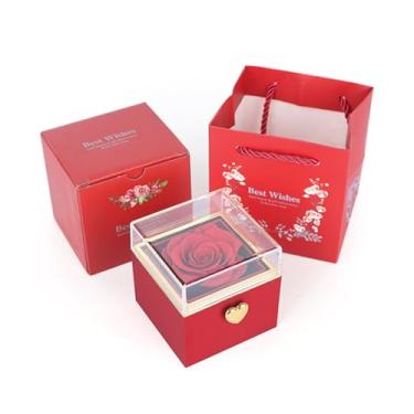 Imagem de Magicaldiy Caixa de anel giratória de rosa, colar de flor de sabão, caixa de joias, caixa de anel giratória surpresa para esposa, namorada, mãe, presentes românticos (vermelho)